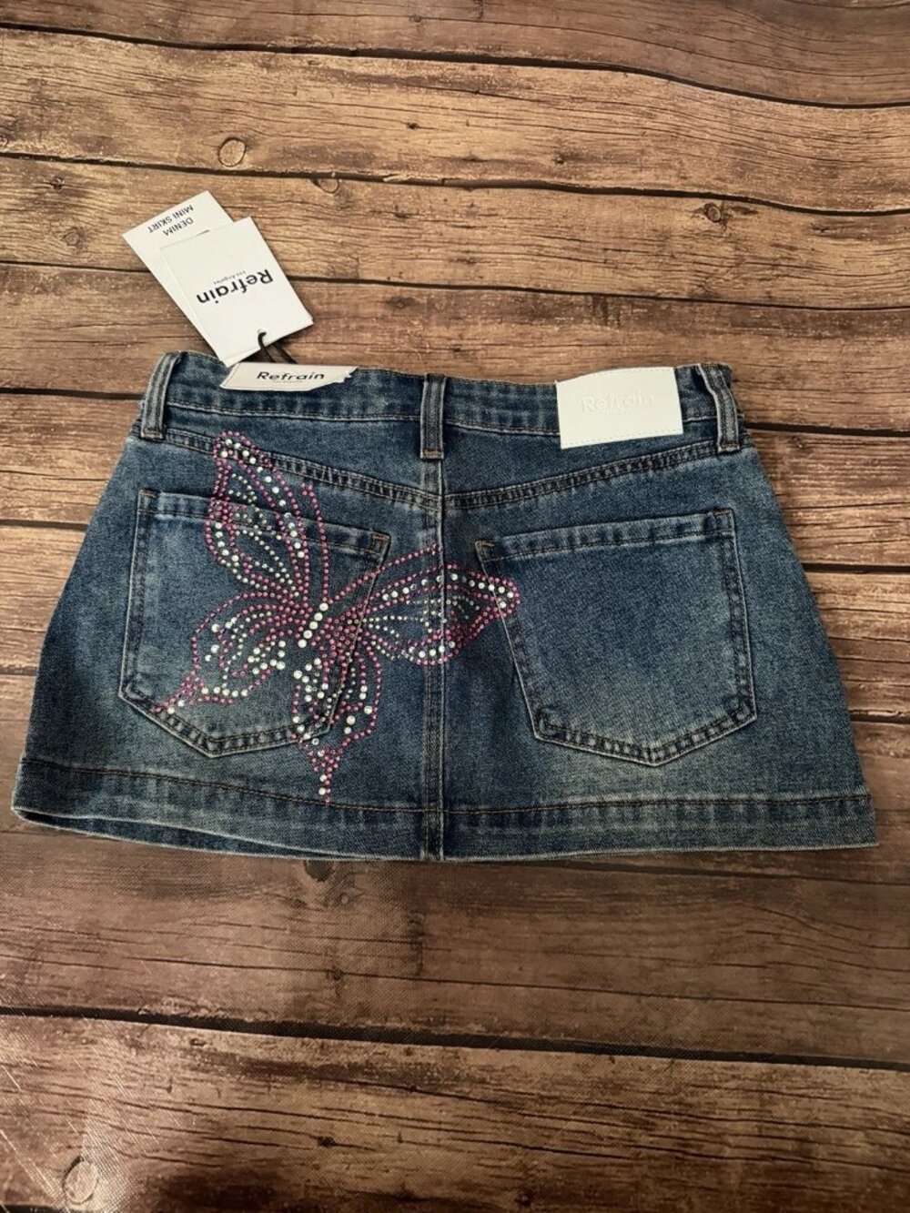 Women’s Juniors Refrain Los Angeles Jeweled Butterfly Denim Mini Skirt 3/26 NWT